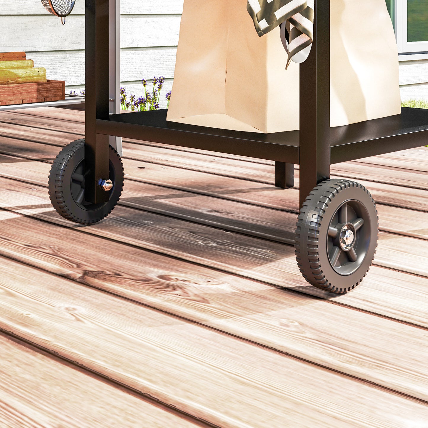 BBQ Trolley with Stainless Steel Top and Foldable Side Table, Outdoor Kitchen BBQ Station with Hooks and Shelf, Pizza Oven Table Movable Outdoor Grill Dining Cart