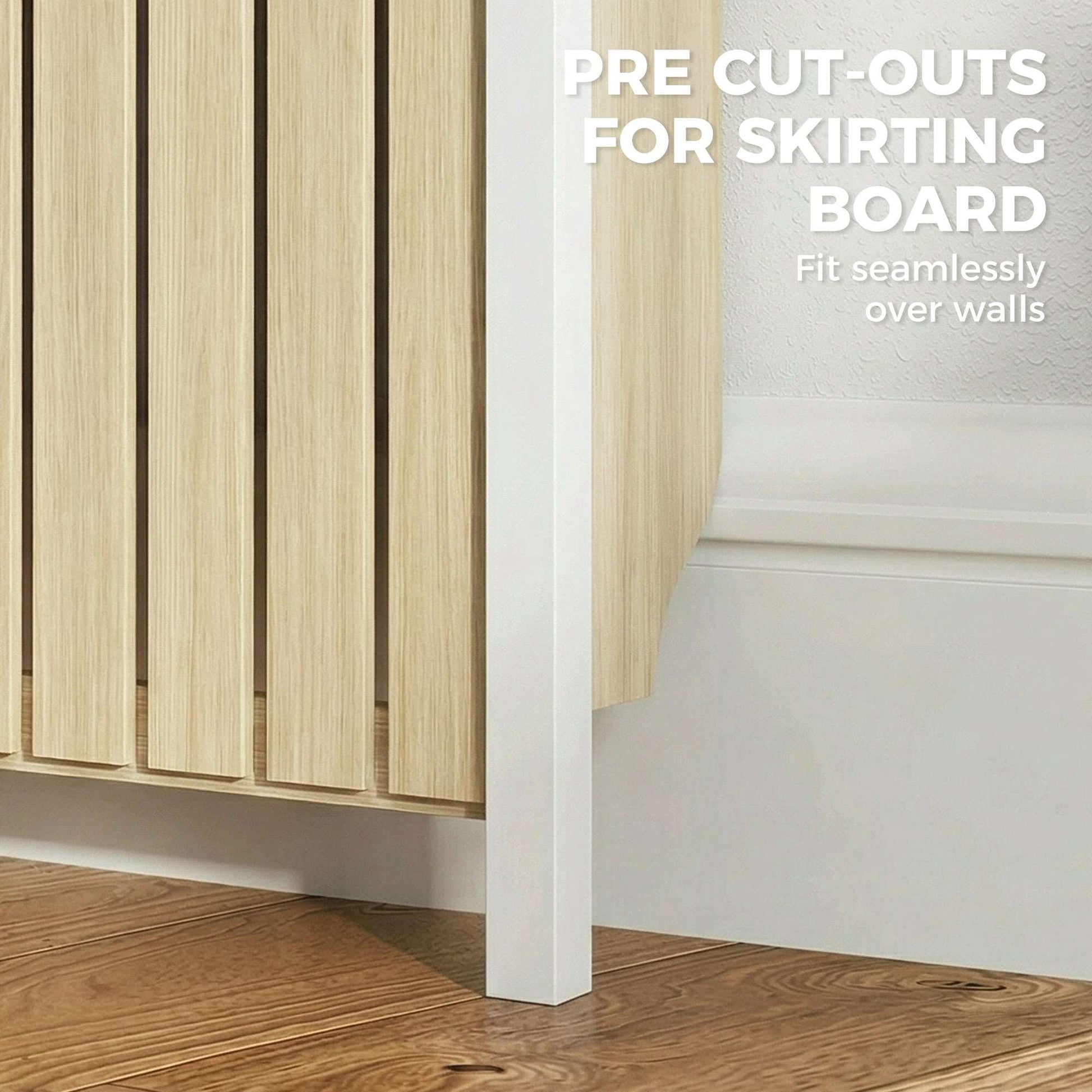MDF & Particle Board Radiator Cover with 2 Drawers | Vertical Slats | Flat Top Display Surface | Wall Mountable | Pre-Cut Outs | 18kg Capacity | 119x19x93cm | Oak & White