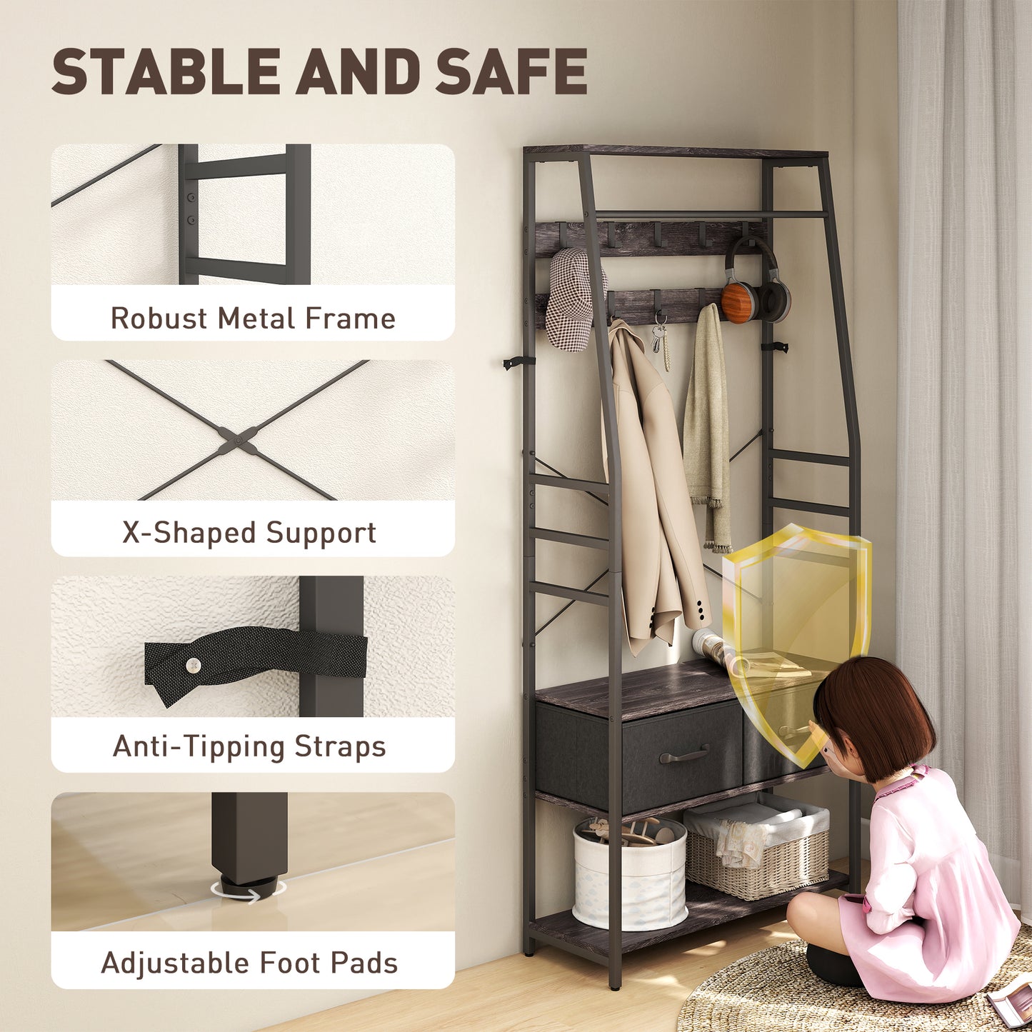 Coat Rack with Shoe Storage, Hall Tree, Industrial Coat Stand with Shoe Bench, 10 Removable Hooks, 2 Fabric Drawers and Clothes Rail, Grey