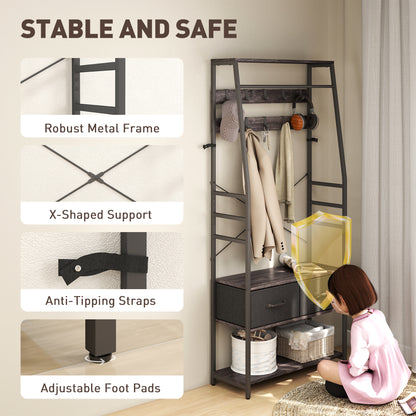 Coat Rack with Shoe Storage, Hall Tree, Industrial Coat Stand with Shoe Bench, 10 Removable Hooks, 2 Fabric Drawers and Clothes Rail, Grey