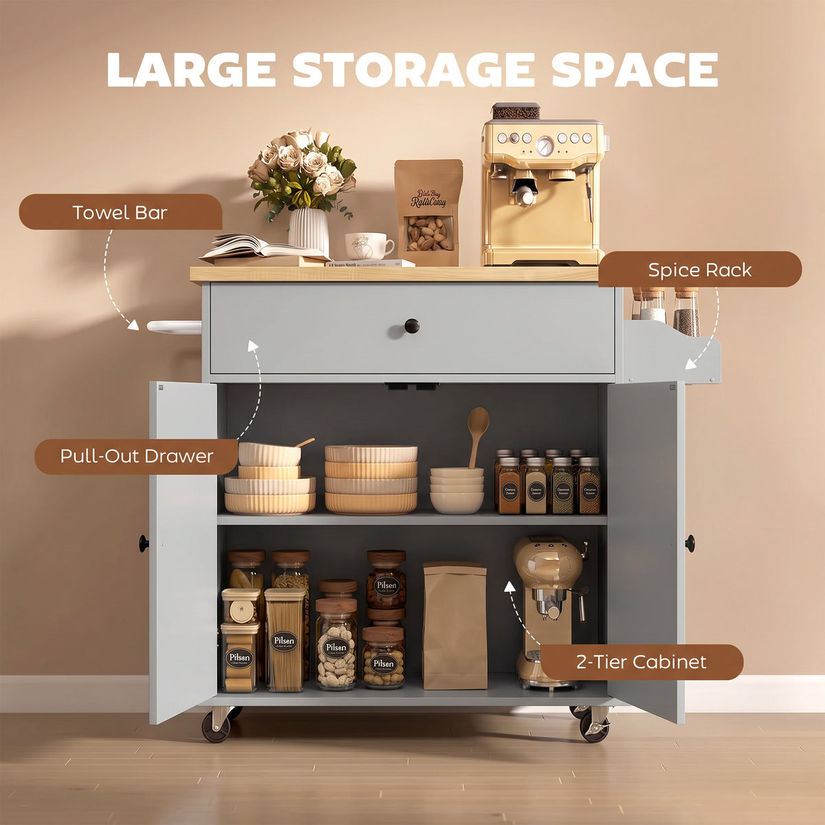 Kitchen Island Trolley with Drop-Leaf | Drawer | Cabinet & 3-Level Shelf | Spice Rack | Towel Rack | 4 Wheels 2 Brakes | Melamine Top | 50kg Total | 106x42x87cm | Grey / Black