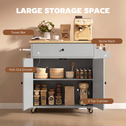 Kitchen Island Trolley with Drop-Leaf | Drawer | Cabinet & 3-Level Shelf | Spice Rack | Towel Rack | 4 Wheels 2 Brakes | Melamine Top | 50kg Total | 106x42x87cm | Grey / Black