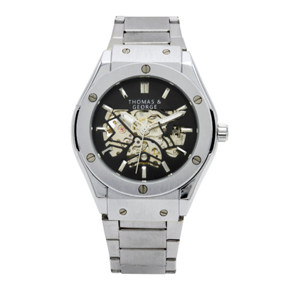 Thomas & George Norway Alloy Edition Automatic Skeleton Watch | 42mm Round Silver-Tone Alloy Case & Stainless Steel Bracelet | Optional Luxury Box