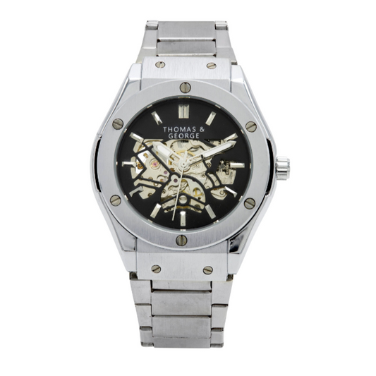 Thomas & George Norway Alloy Edition Automatic Skeleton Watch | 42mm Round Silver-Tone Alloy Case & Stainless Steel Bracelet | Optional Luxury Box