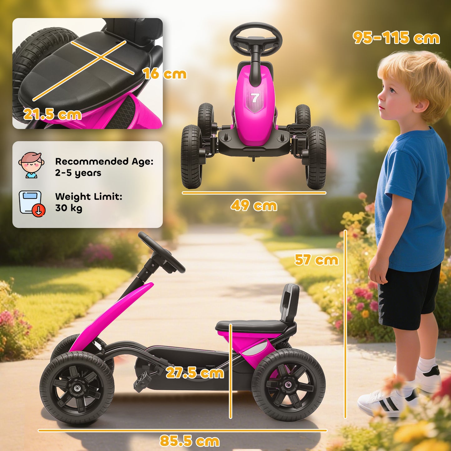 AIYAPLAY Pedal Go Kart for Kids 2-5 Years, with Silent EVA Wheels, Metal Frame, Pink / Blue / Yellow / Green