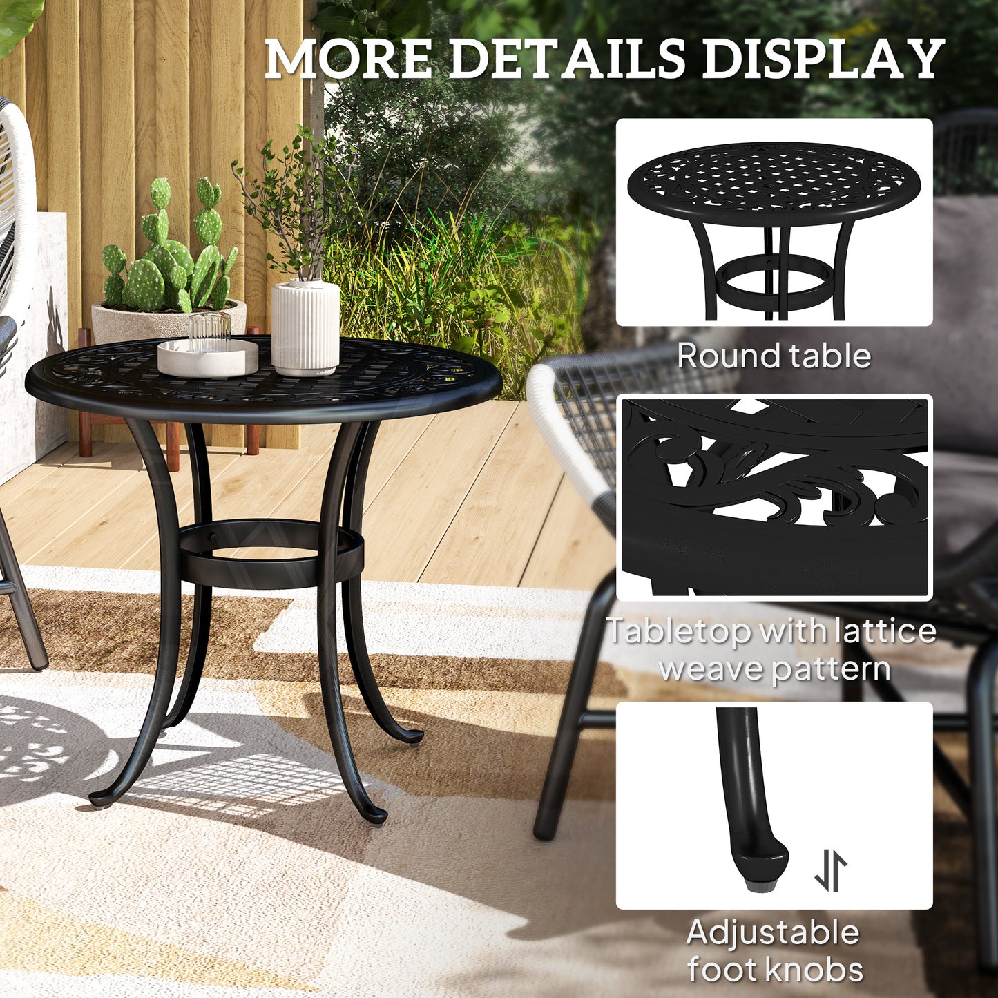 60cm Round Cast Aluminium Garden Side Table | Decorative Cut-Out Top | Curved Legs | 60kg | Black