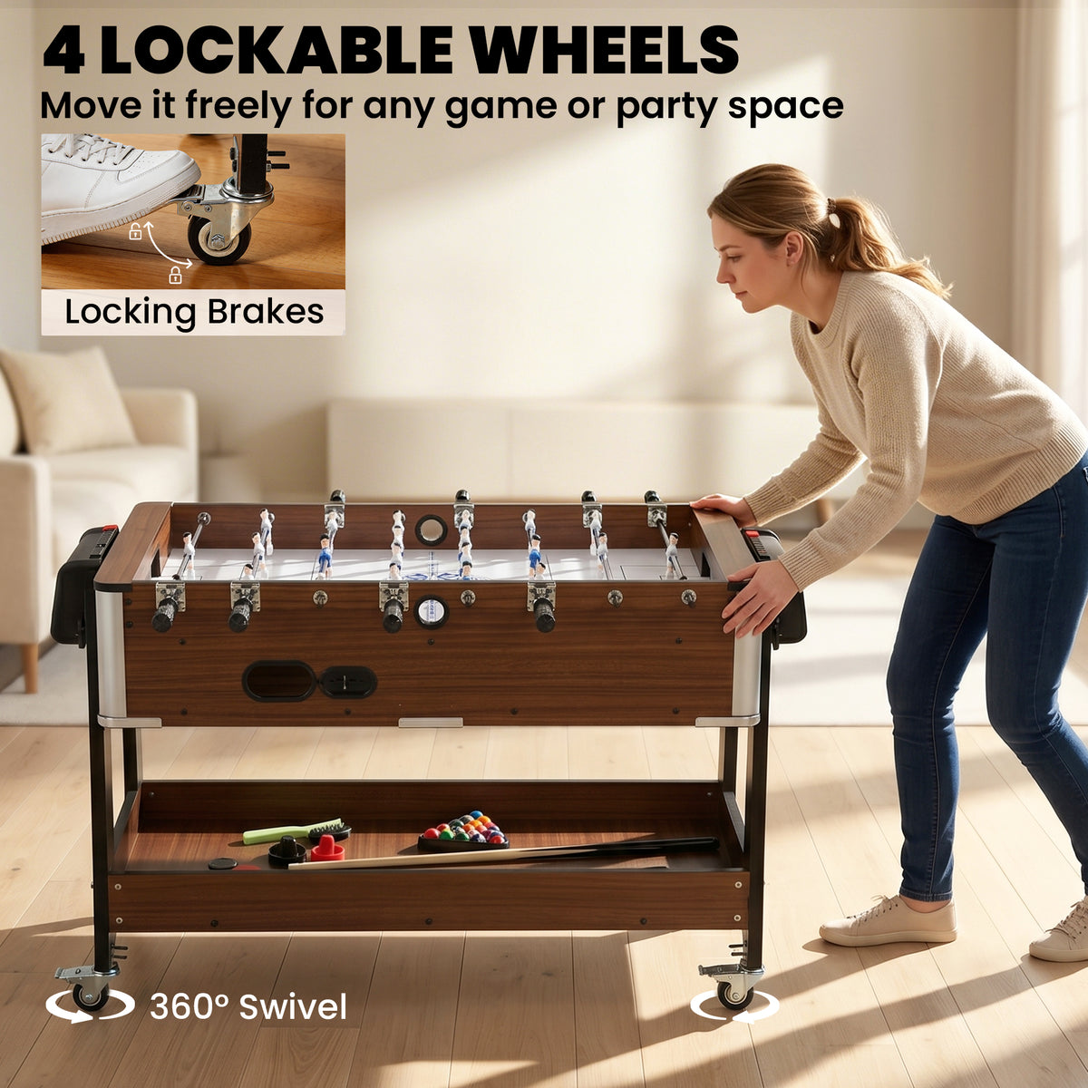 3 in 1 Multi Game Table | Pool | Air Hockey | Football | 3.4ft | Lockable Wheels | Storage Shelf | Walnut Effect
