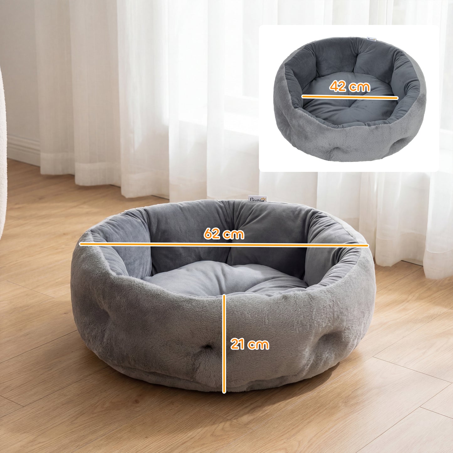 Round Pet Bed | Reversible Cooling & Plush Sides | High Bolster | 900g PP Cotton Fill | 62x62x21cm | Cats & Small Dogs | Dark Grey