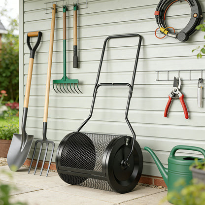 75L Compost & Peat Moss Spreader | 20" Rolling Barrel | Detachable U-Handle | Metal Mesh Door | Rust-Proof Powder-Coated | Garden Lawn | Black