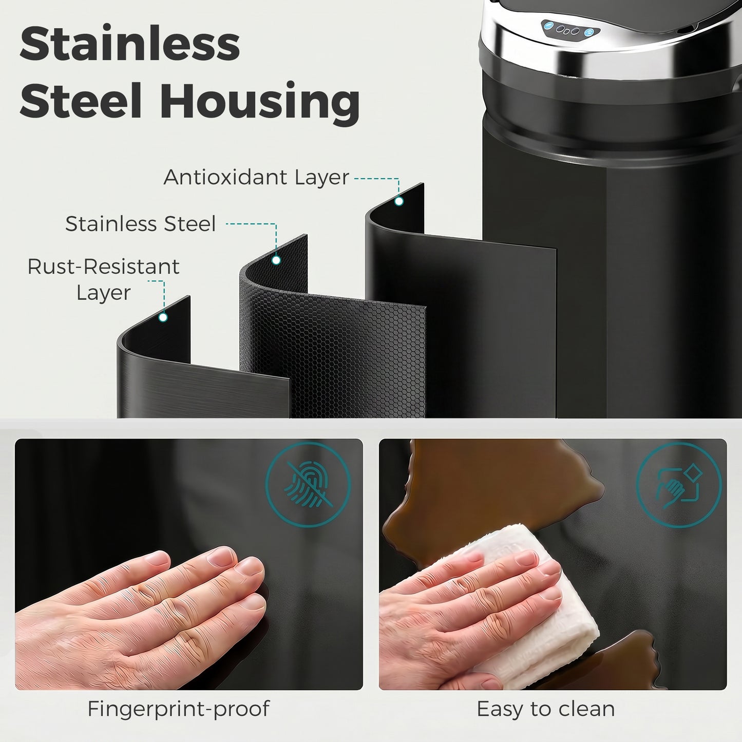 42L Sensor Bin | Automatic Hand-Wave Opening | Soft-Close Lid | Fingerprint-Resistant Stainless Steel | Black