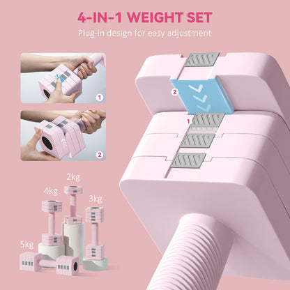Adjustable Dumbbell Set of 2 | 1 / 2 / 3 / 4 / 5kg Per Dumbbell | 5-in-1 Weight Settings | Non-Slip Handle | Square Stable Design | Steel Core & ABS Coating | Home Gym | Pink