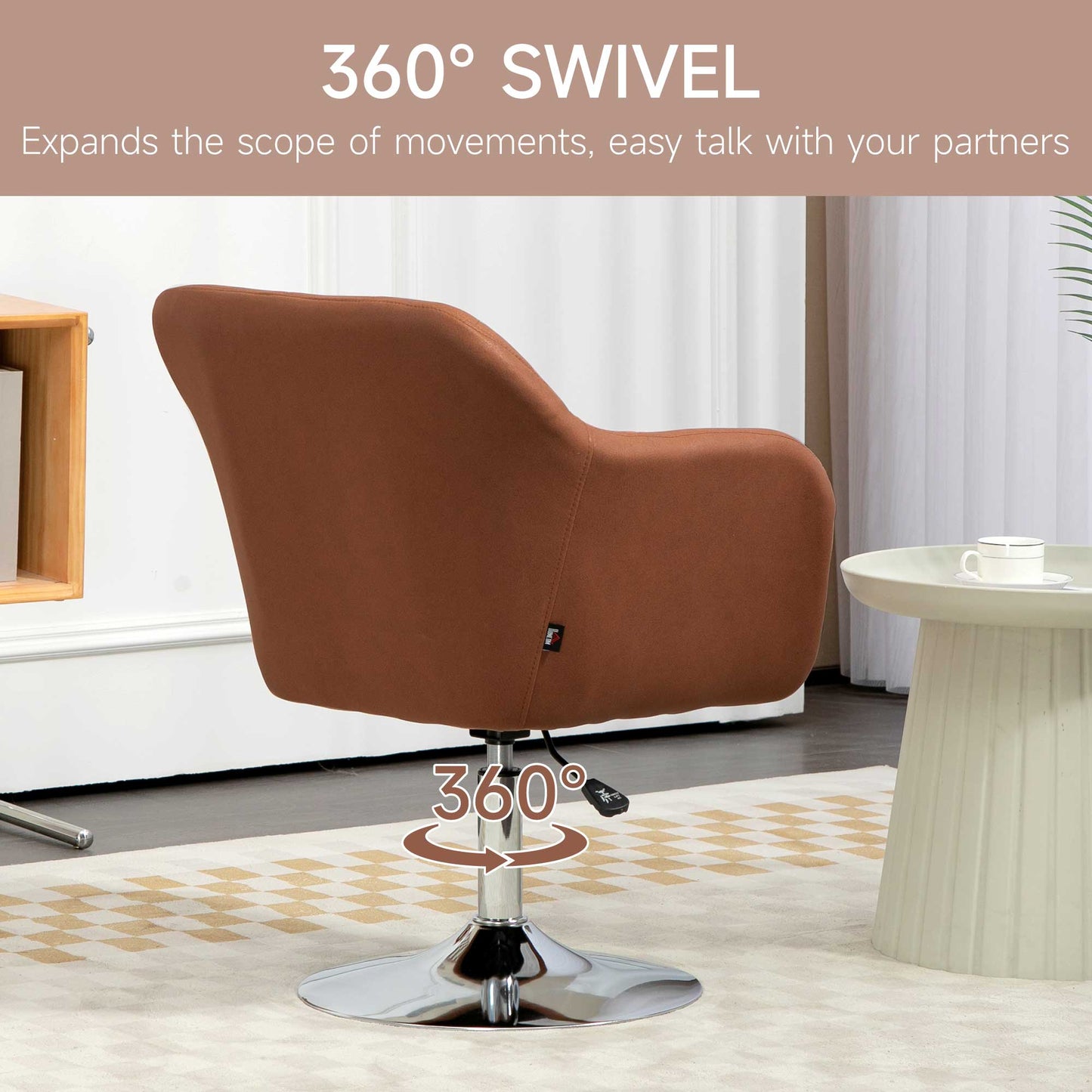 Swivel Accent Chair for Living Room Contemporary Vanity Armchair with Adjustable Height Thick Cushion Lumbar Support Armrest for Bedroom Office Brown