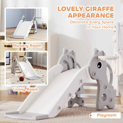 AIYAPLAY 3 in 1 Kids Slide with Climber, Basketball Hoop and Ball, Giraffe Shape Climber Slide for Indoor Kids Age 1-3, Grey