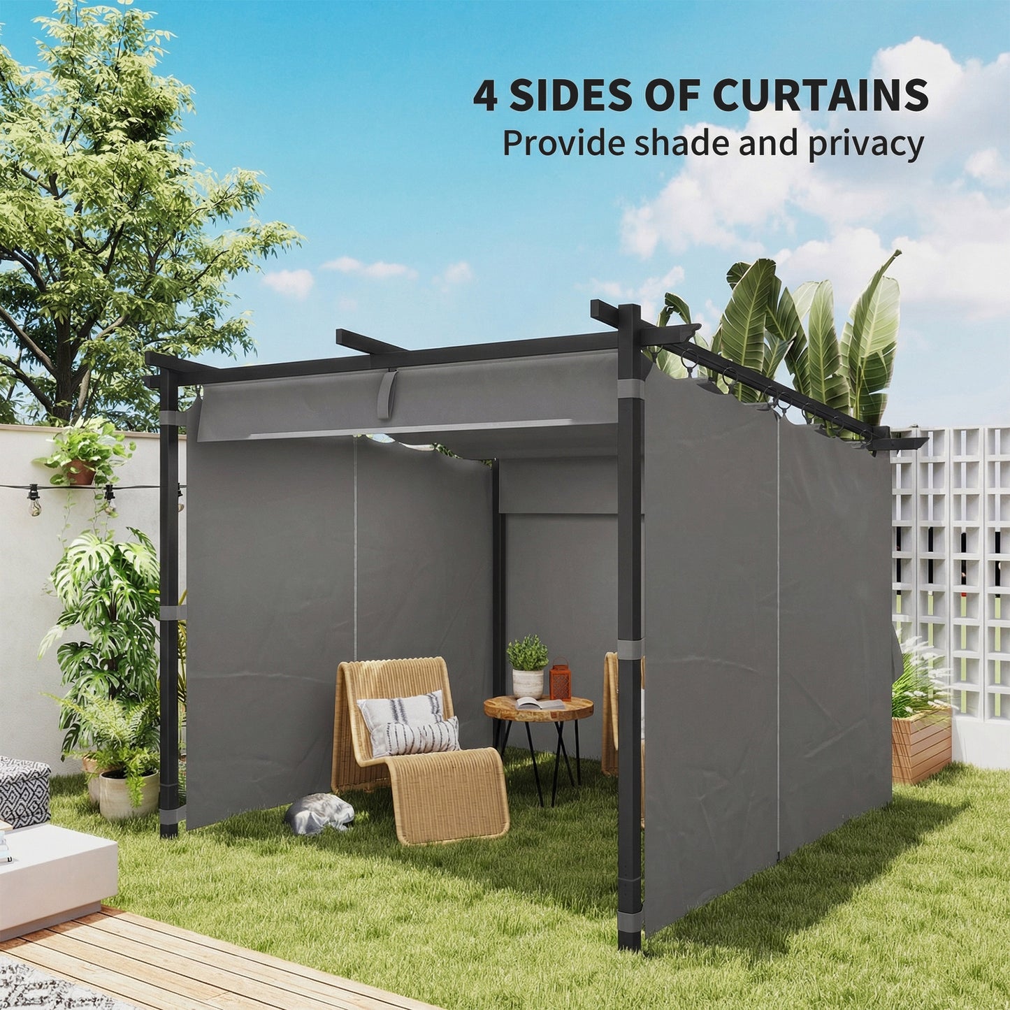3x3m Retractable Roof Garden Pergola with 3 Side Curtains | UPF30+ Splash-Proof Canopy | Powder-Coated Metal Frame | Windproof Level 5-6 | Snow Load Rated | Ground Stakes | Light Grey