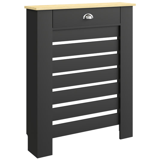 MDF & Particle Board Radiator Cover with 1 Drawer | Slatted Design | Skirting Board Cut-Outs | Easy-Fix Clips | Wood-Effect Top | 5kg Drawer Capacity | 78x19x95.5cm | Black