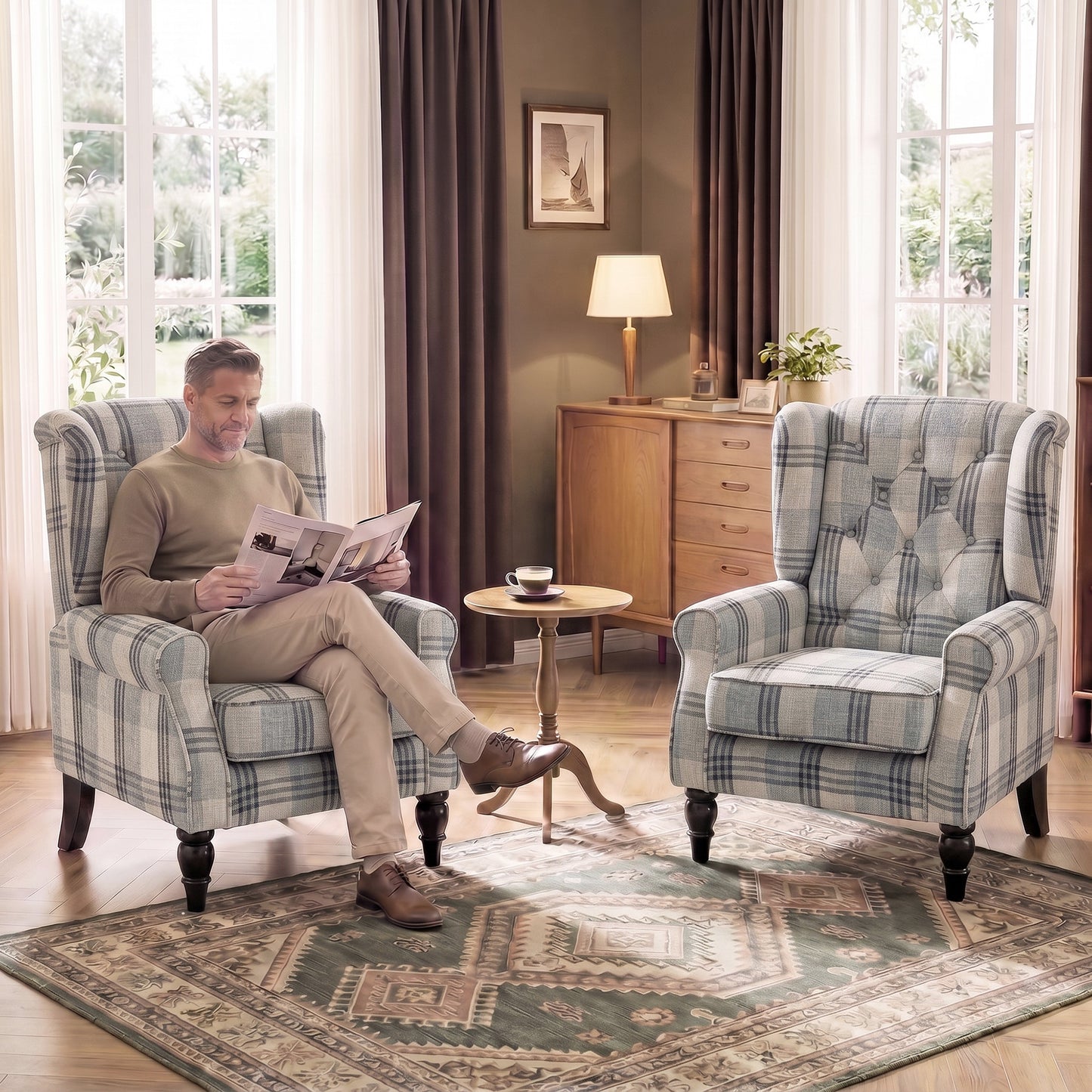 Retro Wingback Armchair | Faux Linen Mixed Plaid | Pocket Spring Cushion | Deep Tufted High Back | Solid Wood Legs