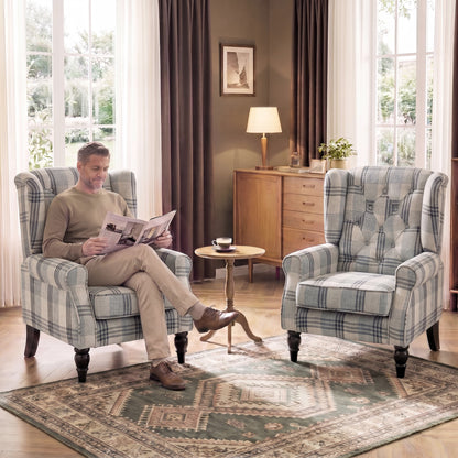 Retro Wingback Armchair | Faux Linen Mixed Plaid | Pocket Spring Cushion | Deep Tufted High Back | Solid Wood Legs