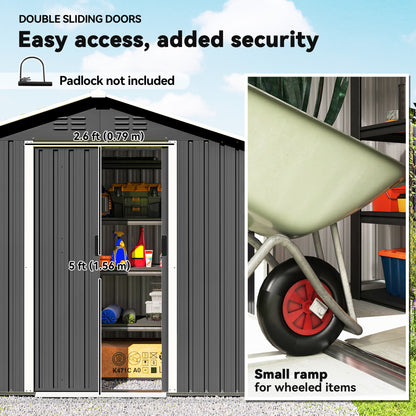 Galvanised Steel Garden Storage Shed | Double Sliding Lockable Door | 4 Vents | Sloped Roof | Steel Tile Roof & Walls | 194x107x191cm | 1.8m² | Dark Grey