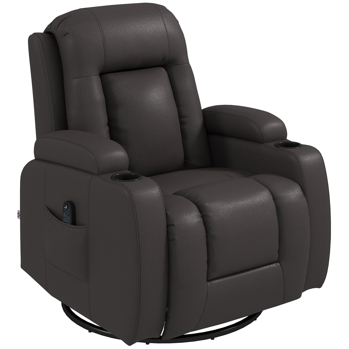 Massage Recliner Armchair | PU Leather | 8-Point Vibrating Massage | Lumbar Heat | 3 Modes & 3 Levels | Remote Control | 150° Recline | Swivel & Rocking | 2 Cup Holders & Pockets | 135kg | Dark Brown