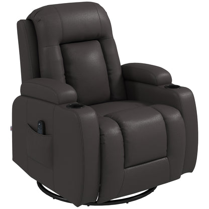 Massage Recliner Armchair | PU Leather | 8-Point Vibrating Massage | Lumbar Heat | 3 Modes & 3 Levels | Remote Control | 150° Recline | Swivel & Rocking | 2 Cup Holders & Pockets | 135kg | Dark Brown