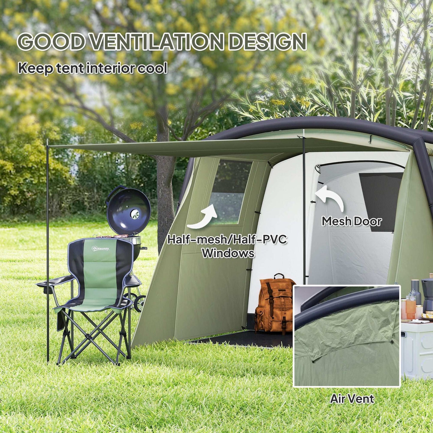 Inflatable 3-4 Man Tunnel Tent w/ Air Pump, Living Area & Vestibule, Waterproof Family Camping Air Tent w/ Sewn In Groundsheet
