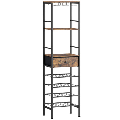 Industrial Wine Bar Cabinet | 16 Bottle Rack | 12 Glass Holder | Freestanding | 40x29x148.5cm | Rustic Brown