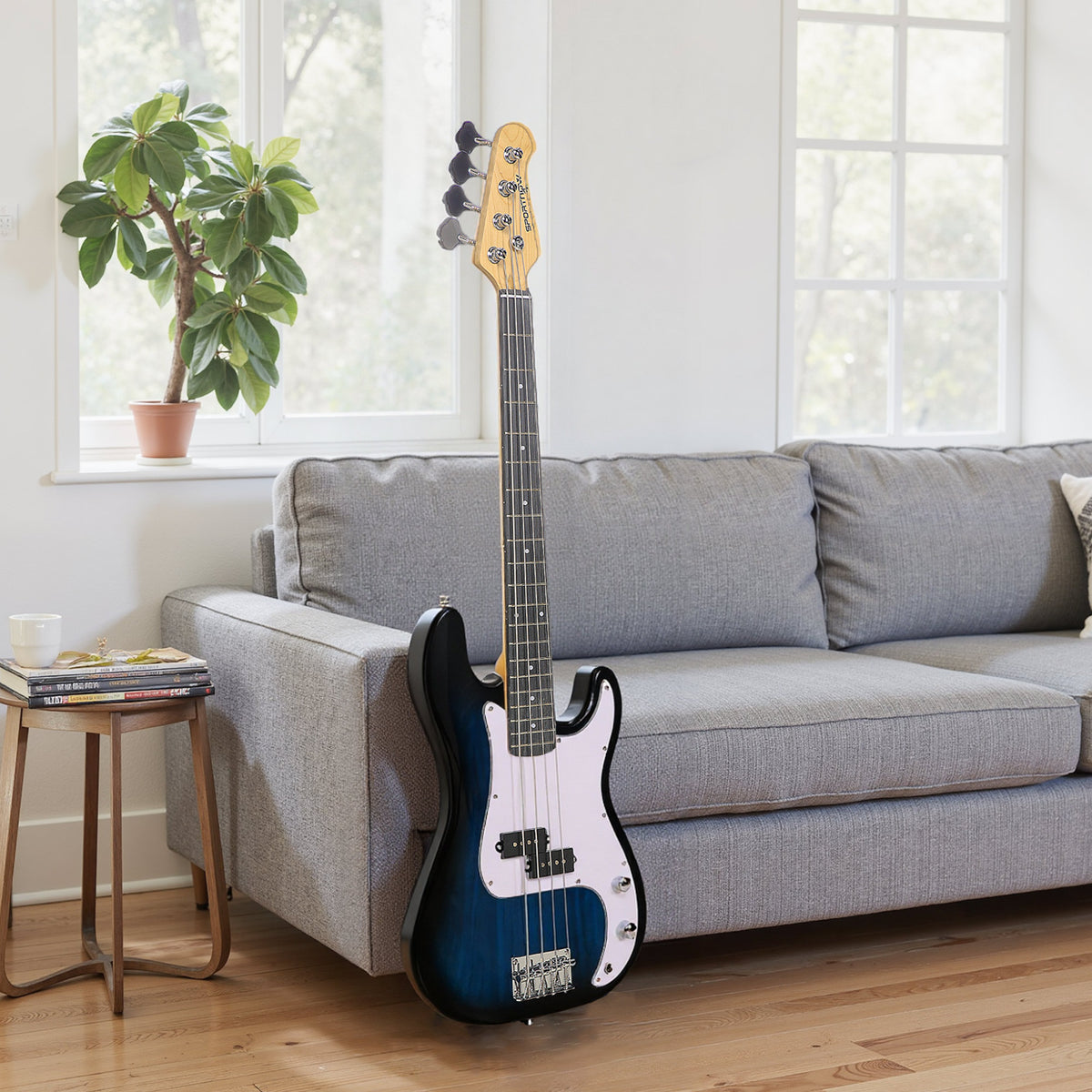 SPORTNOW 4-String Full-Size Electric Bass Guitar | Blue | 115x33x6cm | Maple Neck & Fretboard | Platane Body | Right-Hand | 15W Amp | Gig Bag | Strap | 3 Picks | 2.5m Cable | Beginner Set