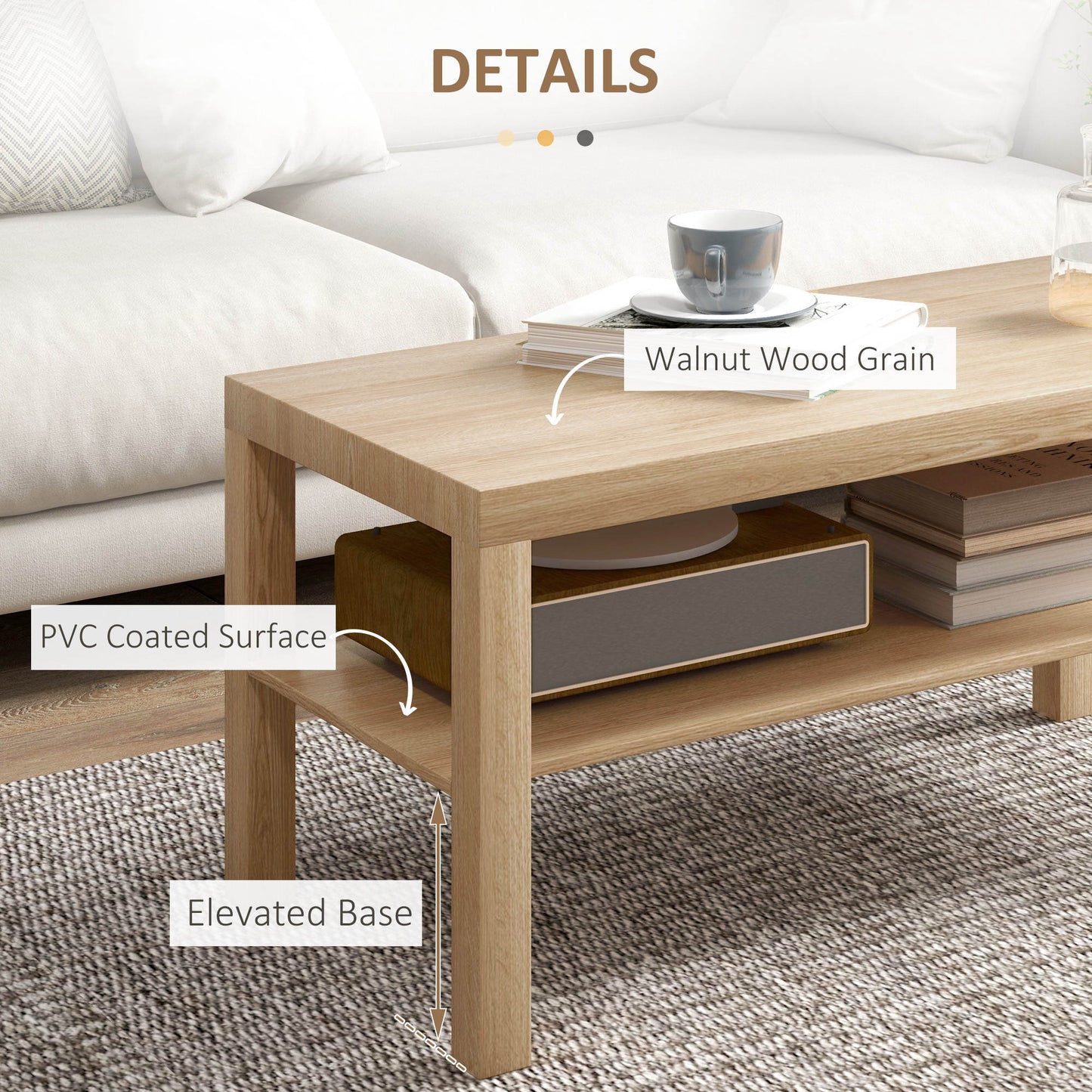2-Tier Coffee Table with Storage Shelf, Rectangular Centre Table for Living Room, Home Office, Natural Wood Finish