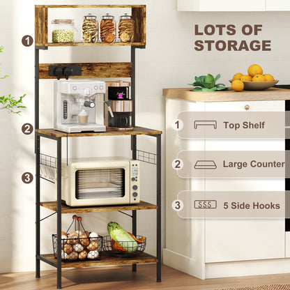 Bakers Rack with Power Outlet, USB Charger, Microwave Stand with Adjustable Shelves, 5 Hooks for Small Spaces, Kitchen Storage Unit