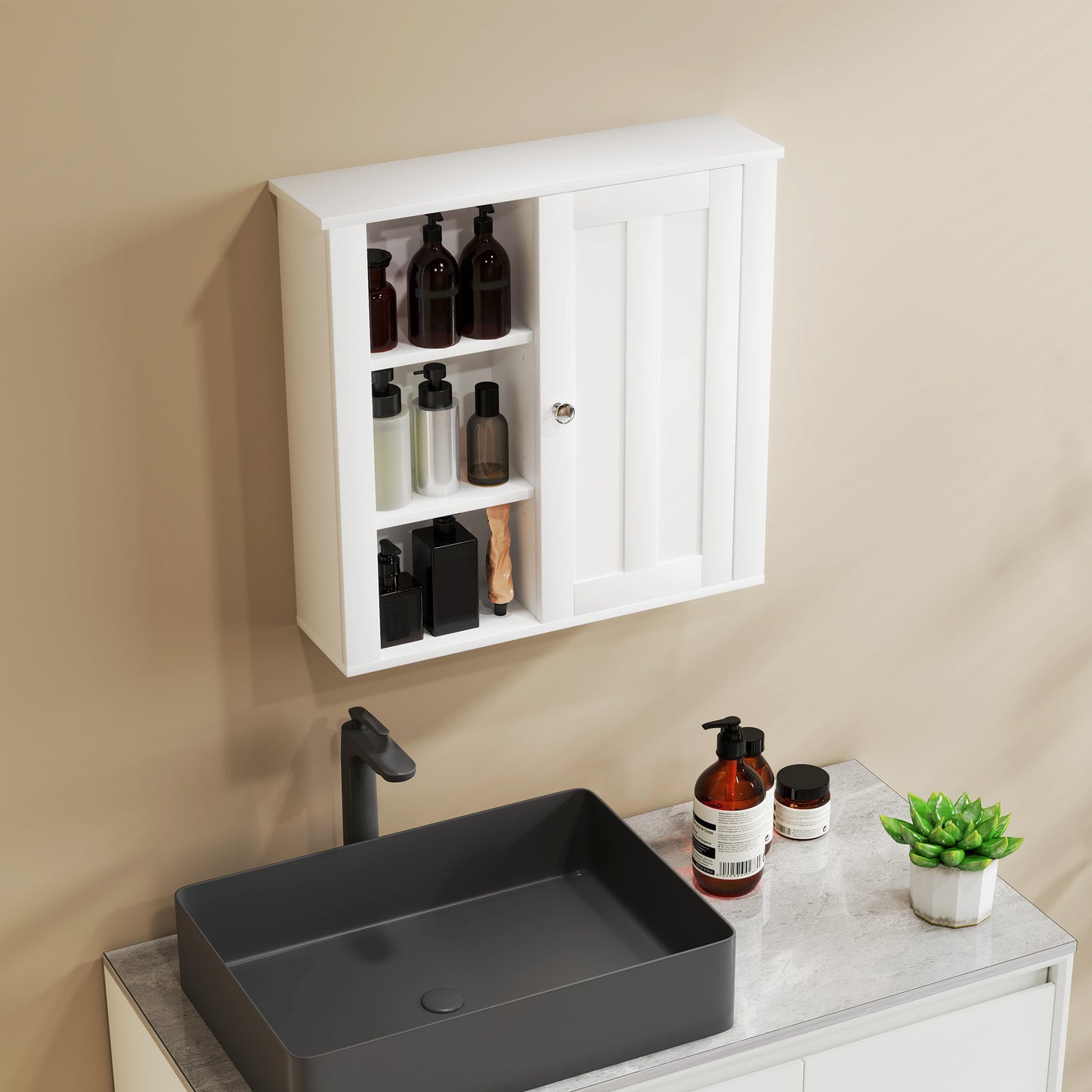 Cabinet, Modern Bathroom Wall Cabinet with Adjustable Shelves and Cupboard, 53W x 15D x 51H cm, White