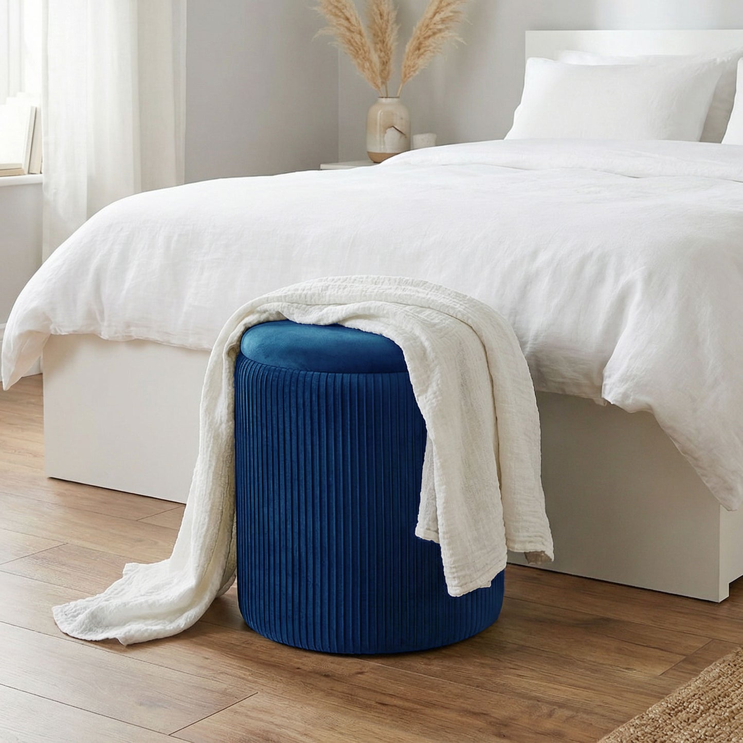 Storage Ottoman Modern Velvet Round Foot Stool for Living Room Bedroom 45 cm Blue