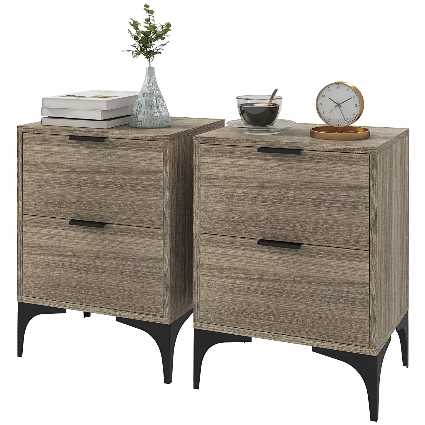 Bedside Tables Set of 2, Modern Nightstand with 2 Drawers, Small Sofa End Tables with Storage and Steel Legs for Bedroom, Living Room, Grey