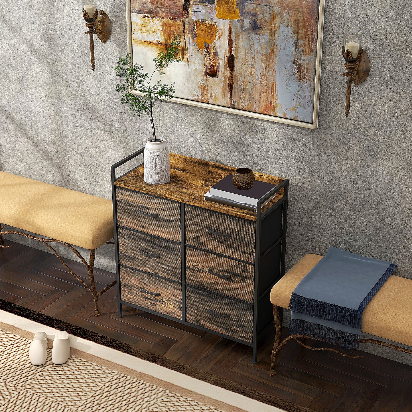 Retro Style Rustic Chest of Six Fabric Storage Drawers - Brown Wood Effect