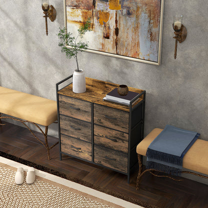 Retro Style Rustic Chest of Six Fabric Storage Drawers - Brown Wood Effect