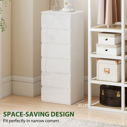 Slim 6-Drawer Chest | High-Gloss White Tallboy with Handle-Free Fronts & Wall Anti-Tip Kit | MDF Bedroom Storage | 40W × 35D × 109Hcm