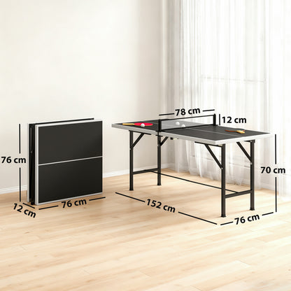 SPORTNOW 5ft Mid-Size Table Tennis Table | Black | 152x76x70cm | Folds to 76x76x12cm | E1 MDF Top | Steel Frame | Removable Net 78x12cm | Safety Locks | 2 Paddles & 3 Balls Included