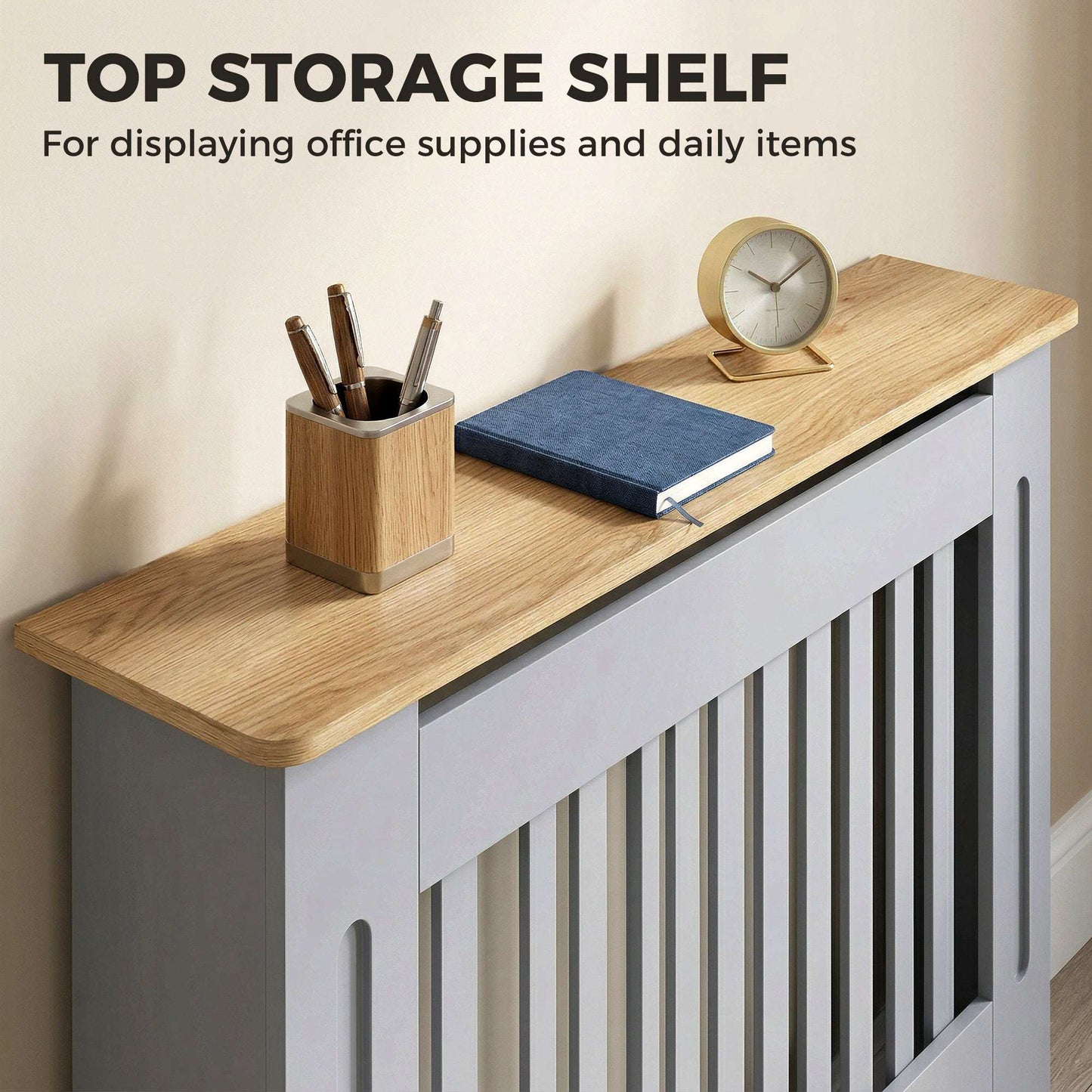 MDF Radiator Cover | Slatted Line Grill Design | Display Top | Wall Mountable | Fittings Included | Lightweight 9kg | 112x19x81cm | Grey