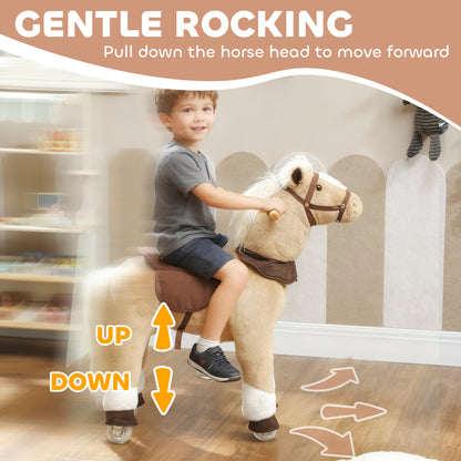 Plush Rocking Horse Ride On Pony | Rolling Wheels | Soft Saddle | No Batteries | Ages 3–5 | 25kg | Brown