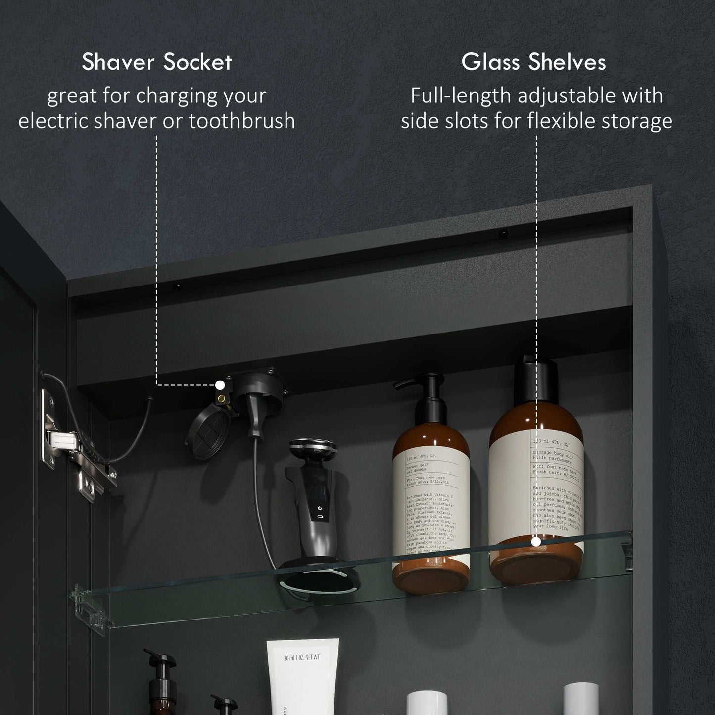 Bathroom Mirror Medicine Cabinet with LED Lights and Shaver Socket, 500 x 700 mm Wall Mounted Bathroom Cabinet with Mirror, Demister Pad, Dimmer, 3 Colours, Black