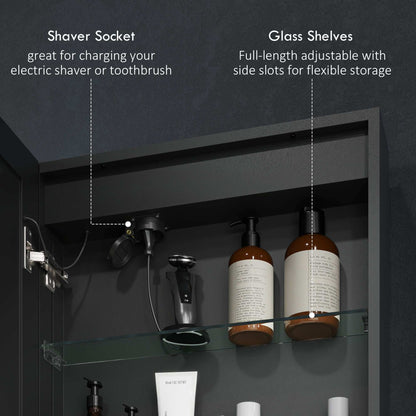 Bathroom Mirror Medicine Cabinet with LED Lights and Shaver Socket, 500 x 700 mm Wall Mounted Bathroom Cabinet with Mirror, Demister Pad, Dimmer, 3 Colours, Black