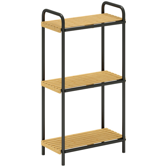 3-Tier Bamboo Bathroom Storage Shelf, Freestanding Narrow Shelving Unit with Slatted Shelves for Kitchen Bathroom Living Room, 41.5 x 21.5 x 77.5 cm, Natural and Black