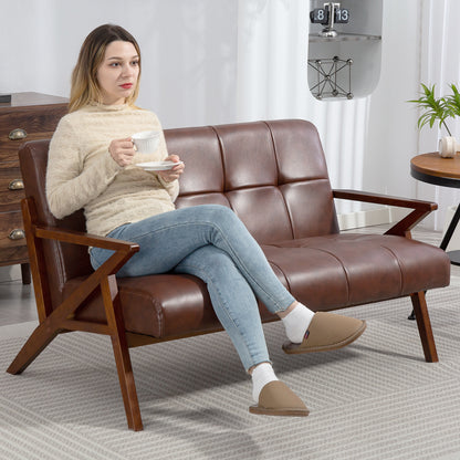 Retro Compact 2 Seater Sofa, Vintage Tufted Loveseat Sofa with Solid Wood Legs, PU Leather Small Couch Settee for Living Room, Bedroom, Home Office, 133 x 81 x 785 cm, Brown