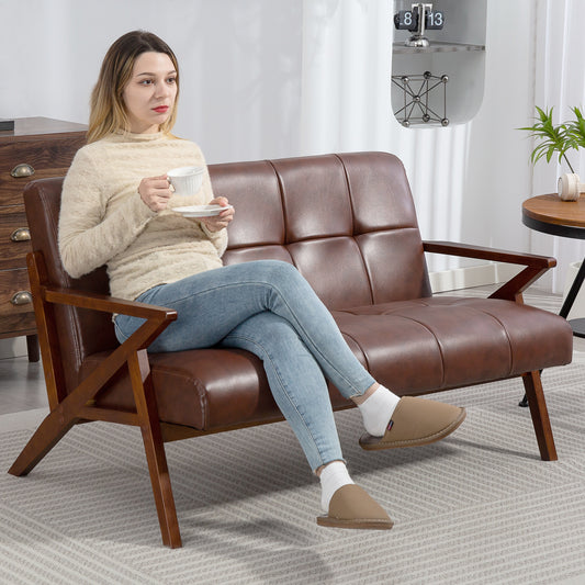 Retro Compact 2 Seater Sofa, Vintage Tufted Loveseat Sofa with Solid Wood Legs, PU Leather Small Couch Settee for Living Room, Bedroom, Home Office, 133 x 81 x 785 cm, Brown
