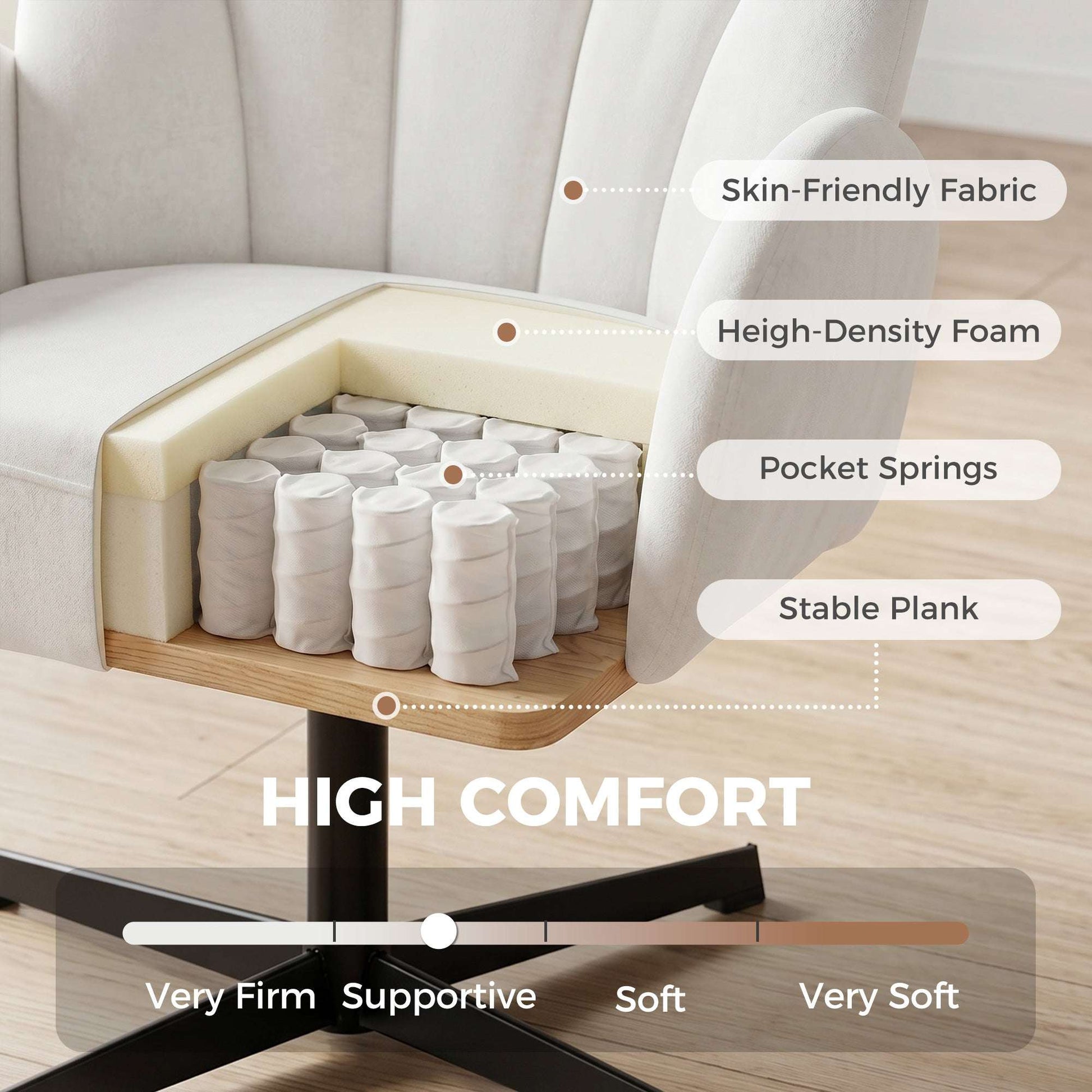 Shell-Shaped Swivel Accent Chair | 360° Swivel | 11cm Spring-Packed Seat | Velvet-Feel Fabric | Metal Base | Plastic Floor Pads | 120kg | 64.5x68x80cm | Cream