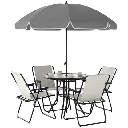 Outsunny 4 Seater Outdoor Garden Furniture Set, 6 Pieces Table and Chairs W/ Parasol, Folding Chairs and Round Glass Top Table for Patio, Cream White