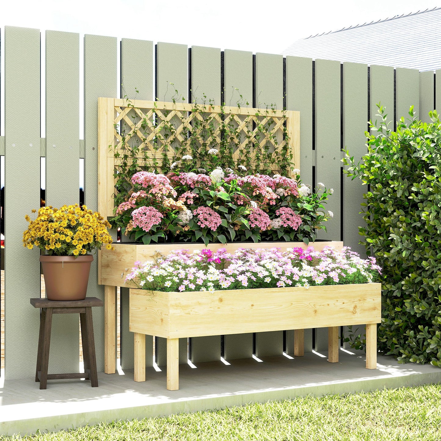 2-Tier Stepped Raised Garden Bed with Trellis | Fir Wood | 2 Planter Boxes with Liners | Drainage Gaps | 40kg Capacity | Ergonomic Tiered Design | 108x62x120cm | Natural Wood