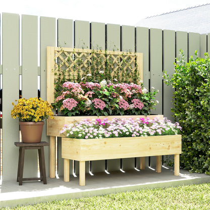 2-Tier Stepped Raised Garden Bed with Trellis | Fir Wood | 2 Planter Boxes with Liners | Drainage Gaps | 40kg Capacity | Ergonomic Tiered Design | 108x62x120cm | Natural Wood