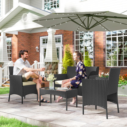 4 Piece Rattan Garden Sofa Set | Loveseat | 2 Armchairs | Tempered Glass Coffee Table | UV-Resistant PE Rattan | Powder-Coated Steel | Zipped Washable Cushions | Foot Pads | Cream