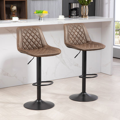 Retro Style Bar Stools Set of 2, Retro Adjustable Kitchen Stool, Swivel PU Leather Upholstered Bar Chairs with Back, Footrest and Steel Base, Brown