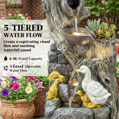 5-Tier Resin Log Waterfall Fountain | Warm White LED Lights | Adjustable Pump | Integrated Planter | 6-8L | 5W | 230V | 3m Cable | 30x28x56cm | Garden & Patio | Mixed Colour